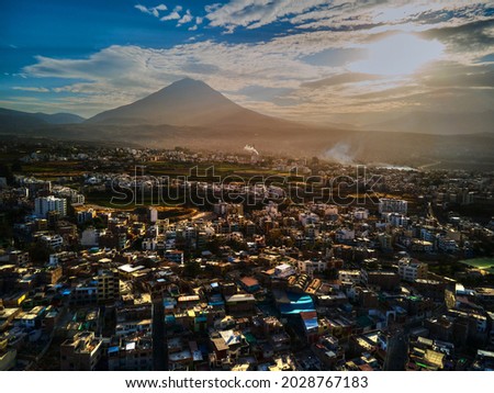 Arequipa city with the Volcano Miti aerials shot