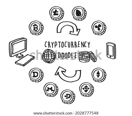 Vector illustration of cryptocurren icons in doodle hand drawn lines. Minimal simple drawing sketch of blockchain crypto contain of coins conputor phone