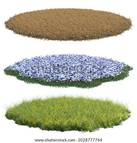 Collection round surface patch covered with flowers, green or dry grass isolated on white background. Realistic natural element for design. Bright 3d illustration. Royalty-Free Stock Photo #2028777764