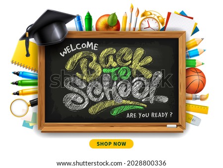 Back to School horizontal advertising banner about sale with school stationery and supplies on white background. Chalk lettering Back To School on blackboard. Vector illustration.