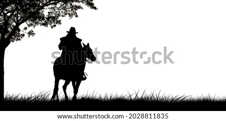 silhouette cowboy horseback riding transportation near big tree and grass with white background.