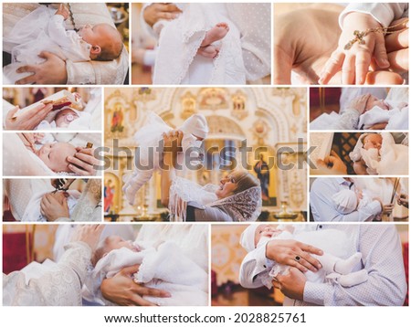 Collage of the sacrament of the baptism of a baby. Selective focus. People.