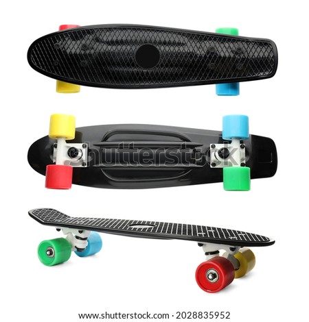 Black skateboards with colorful wheels on white background, collage. Sport equipment