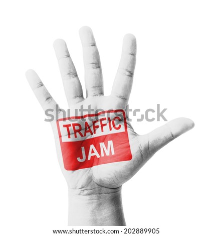 Open hand raised, Traffic Jam sign painted, multi purpose concept - isolated on white background
