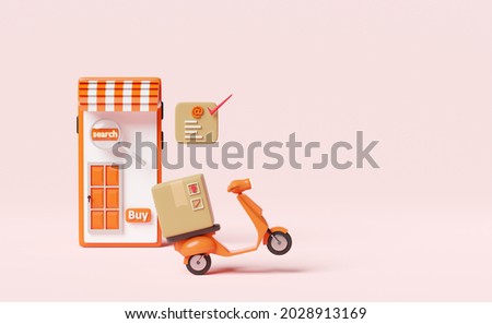 orange mobile phone or smartphone with store front, scooter, goods cardboard box isolated on pink background. Online delivery or online order tracking concept, 3d illustration or 3d render