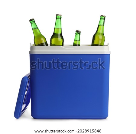 Blue plastic cool box with bottles isolated on white Royalty-Free Stock Photo #2028915848