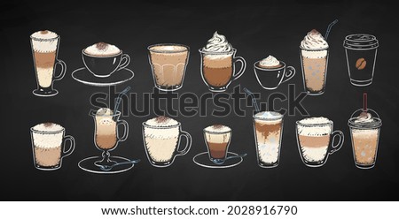 Collection of coffee dessert drinks isolated on black chalkboard background. Vector chalk drawn sideview grunge illustrations. Royalty-Free Stock Photo #2028916790