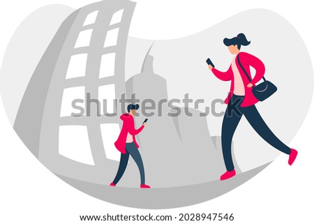 People On Their Phone - Amazing flat vector illustration of a man and a woman walking and looking at their phone suitable for website, mobile apps, and illustration in general - Vector Illustration