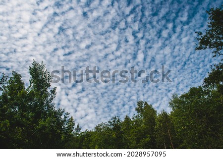 Altocumulus floccus white fluffy clouds covering the blue sky Royalty-Free Stock Photo #2028957095