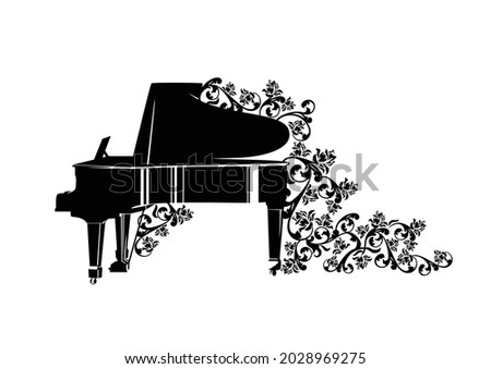 concert grand piano among rose flowers ornament - classical musical instrument vector black and white outline design