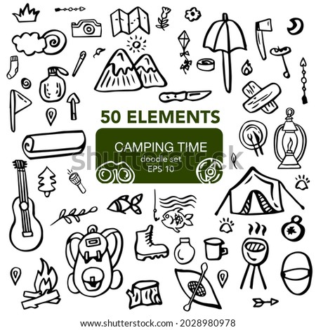 Hand drawn camping design elements isolated on white background. Black line sketch objects. Vector illustration.