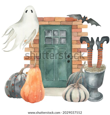 Halloween ghost and pumpkins card. Watercolor isolated illustration on white background