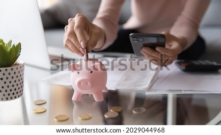 Close up female hands holding smartphone put euro coin into piggy bank, advanced modern tech user using of mobile budget tracking app for personal finances, family money management, e-banking concept Royalty-Free Stock Photo #2029044968