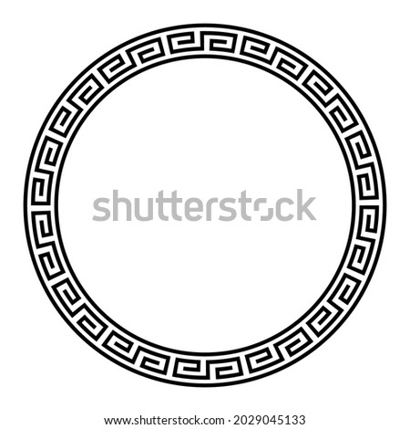 Circle frame with a simple meander pattern. Decorative border and ring, made of angular spirals, shaped into a seamless motif, within two circles. Greek key. Black and white illustration, over white. Royalty-Free Stock Photo #2029045133