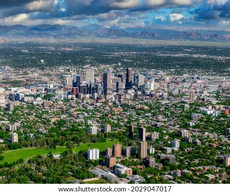 Aerial view of the Colorado Rockies and city of Denver