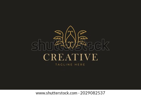 Surfboard Logo Design Template. Surfboard line design decorated with abstract nature leaves. Creative Vector Icon Design Concept.