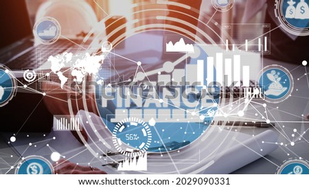 Finance and Money Transaction Technology conceptual . Icon Graphic interface showing fintech trade exchange, profit statistics analysis and market analyst service in modern computer application.
