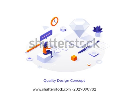 Conceptual template with woman working on keyboard connected to platform with diamond. Scene for creation of quality design, creative process. Modern isometric vector illustration for website.