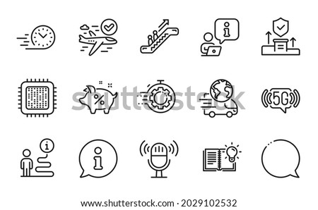 Technology icons set. Included icon as Product knowledge, Seo timer, Cpu processor signs. Fast delivery, Speech bubble, Microphone symbols. Delivery service, Security agency, Loan percent. Vector