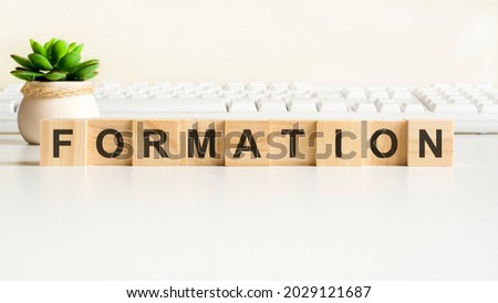 objective word made with wooden blocks. front view concepts, green plant in a flower vase and white keyboard on background Royalty-Free Stock Photo #2029121687