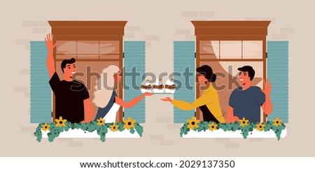 Neighbours in windows greeting each other and one couple helping another to cupcakes flat vector illustration Royalty-Free Stock Photo #2029137350