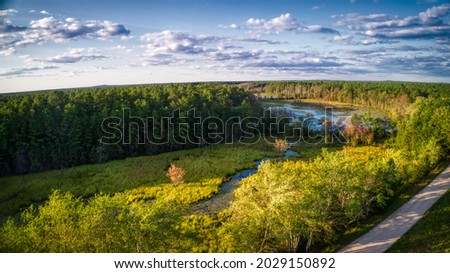 aerial shot of the featherbed branch in the Pine barrens, in New Jersey, USA Royalty-Free Stock Photo #2029150892