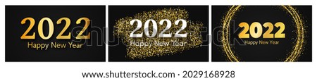 2022 Happy New Year gold background. Set of three abstract gold backdrops with a inscription Happy New Year on dark for Christmas holiday greeting card, flyers or posters. Vector illustration
