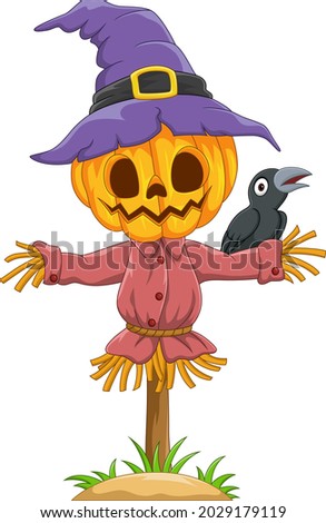 Cartoon halloween pumpkin scarecrow with crow