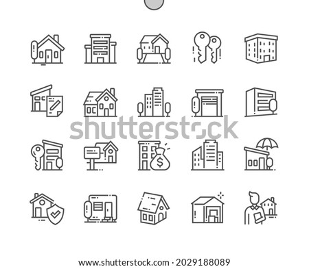 Property. Building, house, agreement and warehouse. Property protection. House for sale. Pixel Perfect Vector Thin Line Icons. Simple Minimal Pictogram Royalty-Free Stock Photo #2029188089