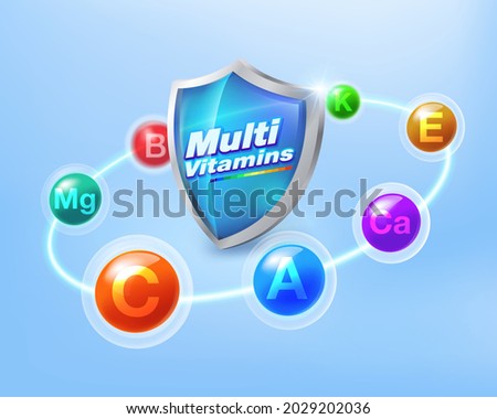 Multivitamin inspiration Protect the body and stay healthy, vitamins shield icon concept. Royalty-Free Stock Photo #2029202036