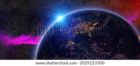 Planet Earth view. The World Globe from Space in a star field showing the terrain and clouds. Elements of this image are furnished by NASA