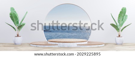 Beach summer decoration Wooden product display podium for presentation, Santorini island style, outdoor marine tourism lifestyle on seascape concept. banner size 3D rendering