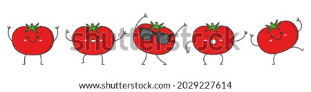 Set red tomatoes character cartoon dancing smiling face happy tomato emotions icon logo vector illustration. Royalty-Free Stock Photo #2029227614