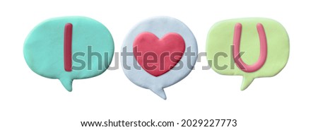 plasticine texture speech bubble I love you phrase with a heart shape color set isolated on white background. Toy and hobby concept