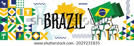 Flag and map of Brazil with raised fists. National day or Independence day design for Brazilian celebration. Modern retro design with abstract icons. Vector illustration. Royalty-Free Stock Photo #2029231835