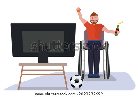 Cartoon man in red shirt wheelchair user watching TV, soccer or football fan illustration.