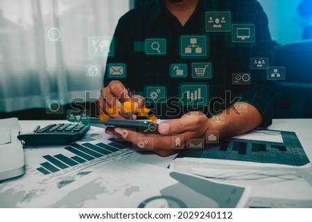Businessman using digital tablet computer with social network connection glyph icon and Customer satisfaction concept. Royalty-Free Stock Photo #2029240112