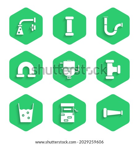 Set Electric boiler for heating water, Well, Industry metallic pipe, Glass with,  and Water tap icon. Vector
