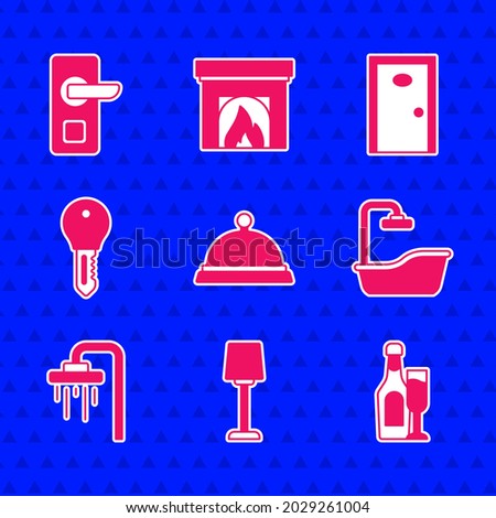 Set Covered with tray of food, Table lamp, Champagne bottle glass, Bathtub, Shower, Hotel door lock key,  and Digital icon. Vector
