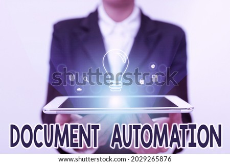 Conceptual caption Document Automation. Conceptual photo workflows that assist in creation of electronic document Lady In Uniform Holding Touchpad Showing Futuristic Virtual Interface.