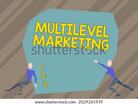 Text caption presenting Multilevel Marketing. Business idea marketing strategy for the sale of products or services Two Men Illustration Trying To Lift Extra Large Rock To Free The Way.