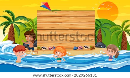Kids on vacation at the beach sunset scene with an empty banner template illustration
