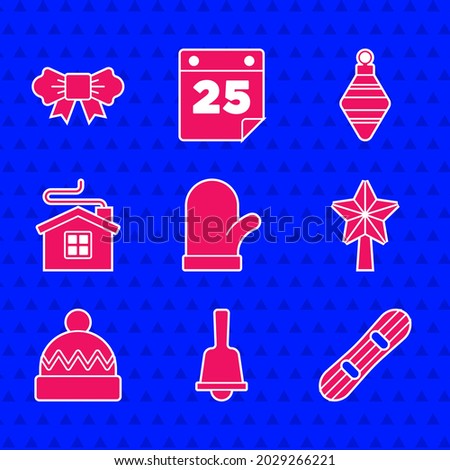 Set Christmas mitten, Merry ringing bell, Snowboard, star, Winter hat, house, ball and Bow tie icon. Vector