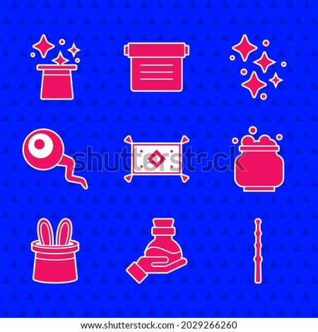 Set Magic carpet, Bottle with potion, wand, Witch cauldron, Magician hat rabbit ears, Eye, Sparkle stars magic and  icon. Vector