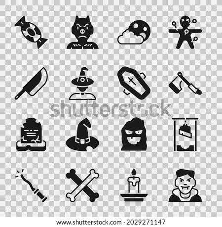 Set Vampire, Guillotine, Wooden axe, Moon and stars, Witch, Knife, Candy and Coffin with cross icon. Vector