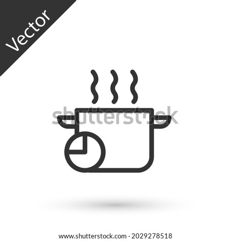 Grey line Cooking pot and kitchen timer icon isolated on white background. Boil or stew food symbol.  Vector