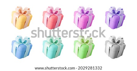 3d color gift boxes set with pastel ribbon bow isolated on a white background. 3d render flying modern holiday closed surprise box. Realistic vector icon for present, birthday or wedding banners Royalty-Free Stock Photo #2029281332