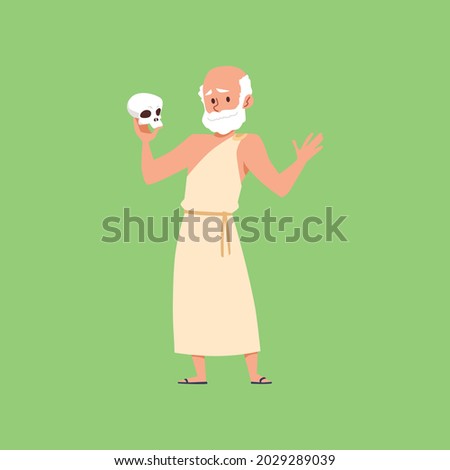 Ancient Greek philosopher or thinker male cartoon character in toga holding human skull in hands, flat vector illustration isolated on green background.