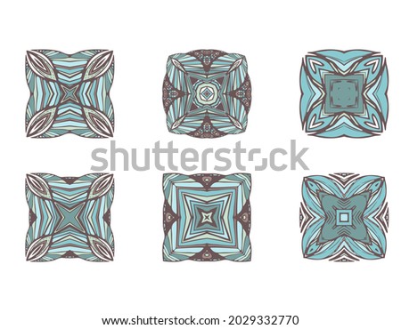 Set of abstract square patterns with geometry elements, Decor tile, mosaic. Vector illustration for traditional arabic and indian pottery tiling, fabric, wall interior, cloth