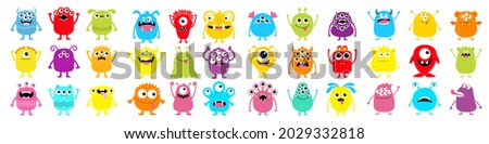 Monster super big icon set. Happy Halloween. Funny head face colorful silhouette. Cute cartoon kawaii baby character. Eyes horn teeth fang tongue. Hands up, down. Flat design. White background. Vector Royalty-Free Stock Photo #2029332818